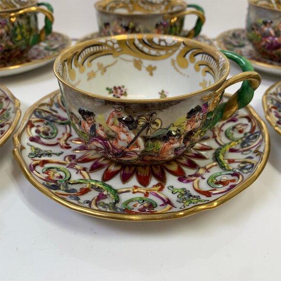 Antique RARE Capodimonte Italy Cherub Sea Serpent Twist Handle 6 Cups & Saucers! - Picture 6 of 16